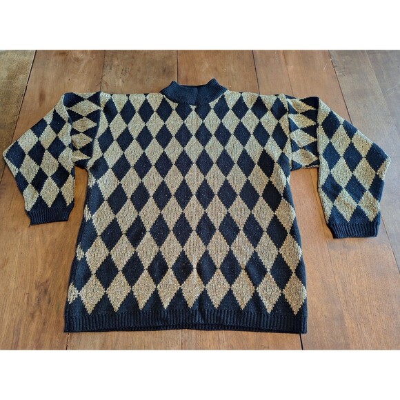 VTG Pullover Sweater Metallic Gold/Black Diamond Pattern Maurada Collections XL - Picture 5 of 14
